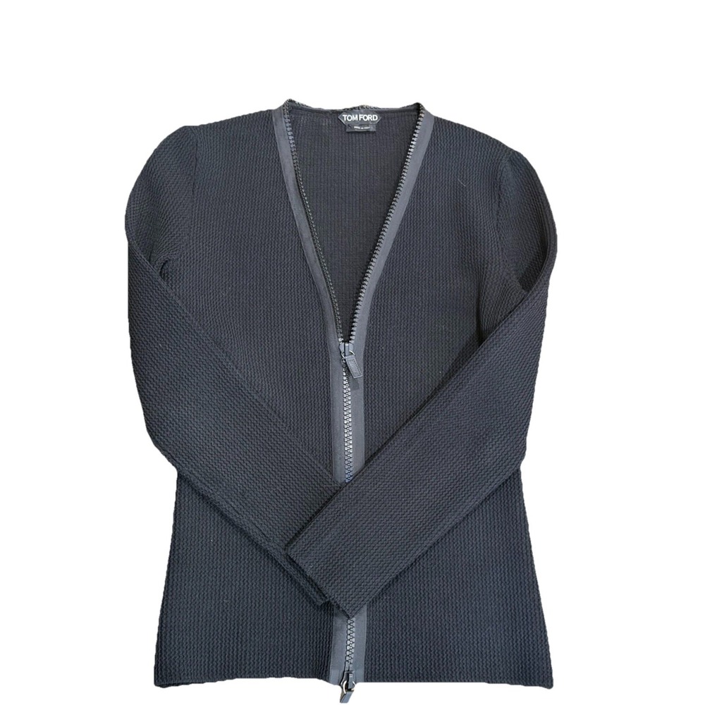 TOM FORD Zipper Knit Double‎ Zip Leather Details Cardigan Sweater Thick Ribbed L